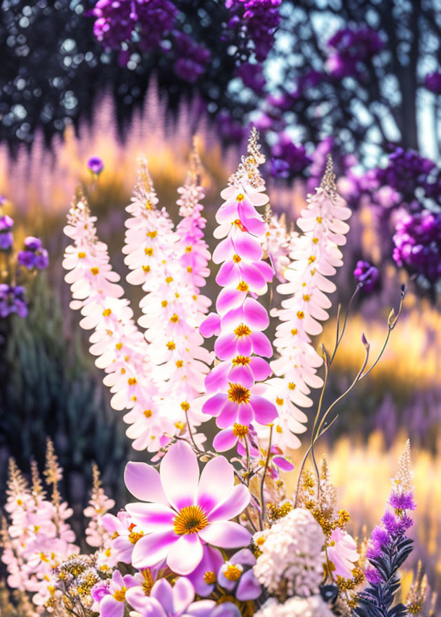 Lush garden with tall pink flowers and purple backdrop