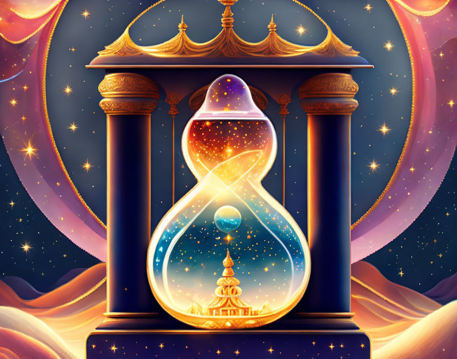 Cosmic hourglass with stars, planets, and mystical structure