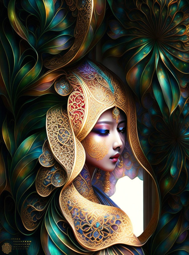 Vibrant digital artwork featuring a woman with gold headgear and floral patterns