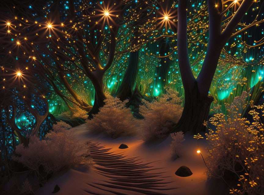 Enchanted forest scene at night with blue and golden lights.