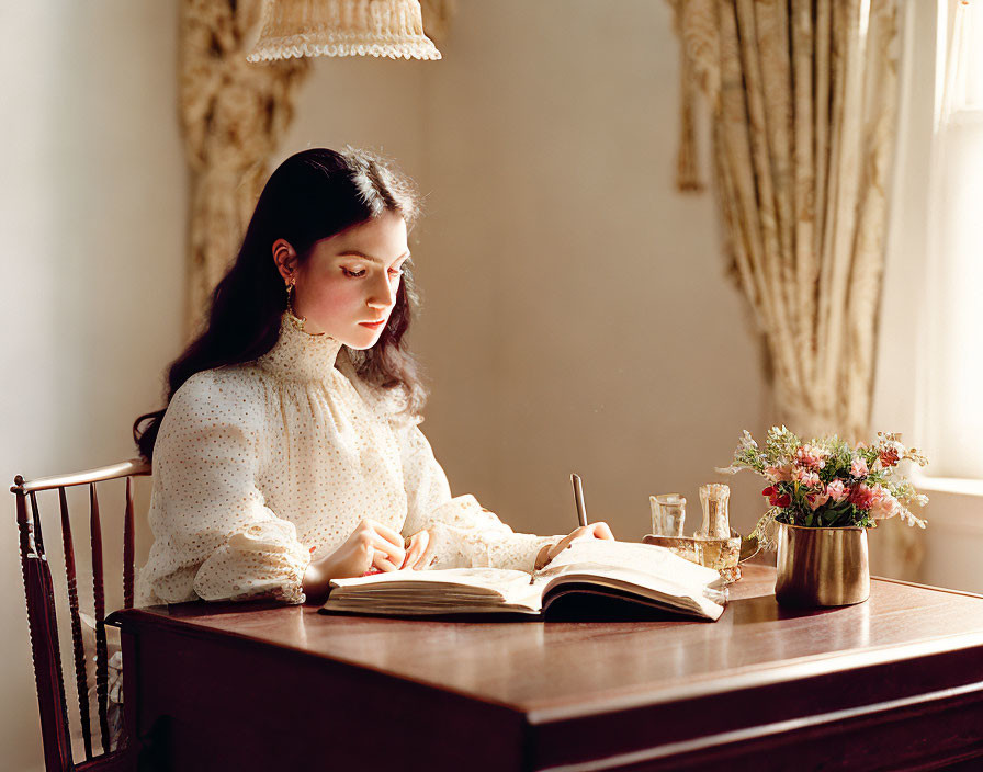 Woman reading book at wooden table with flowers, pen, and inkwell in bright room