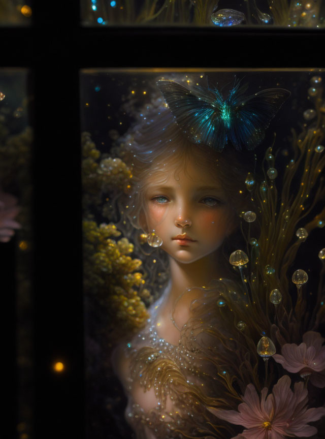 Ethereal portrait of young figure with flowers and glowing orbs