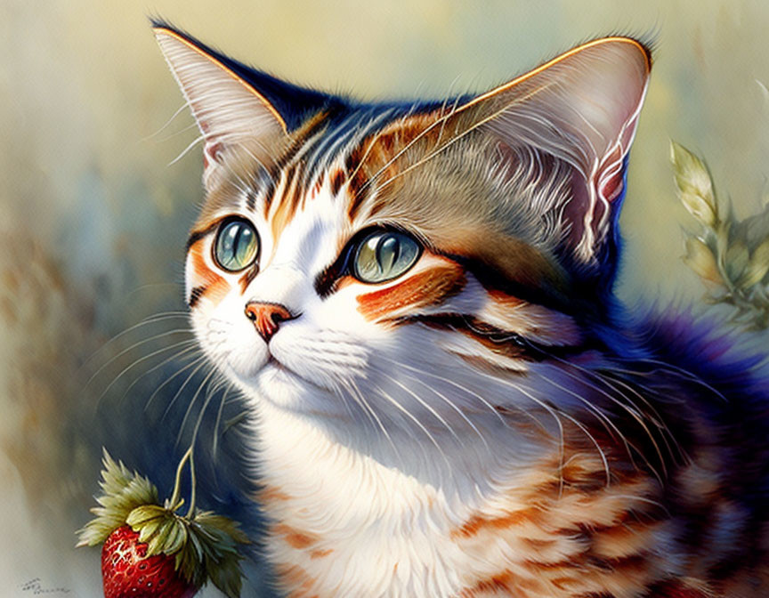 Detailed digital painting of a lifelike cat with large eyes and striped fur