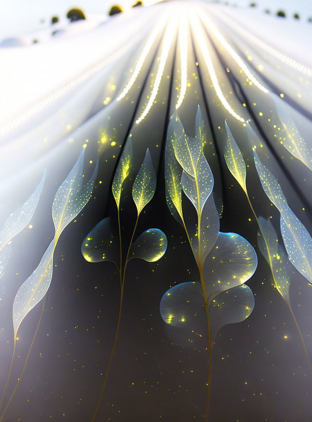 Abstract Image: Glowing Leaves and Dots Converging to Bright Vanishing Point