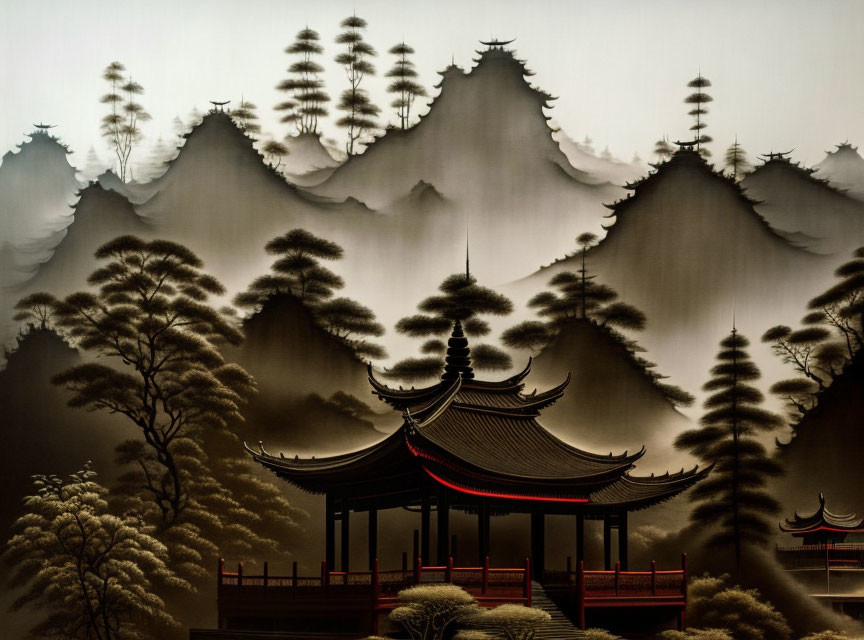 Sepia-Toned Landscape with Mountain Silhouettes, Pagodas, and Pine Trees