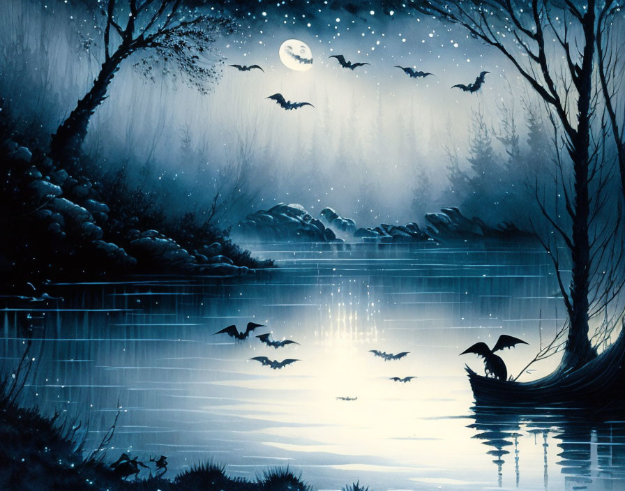 Tranquil moonlit night with flying birds, trees, and calm river