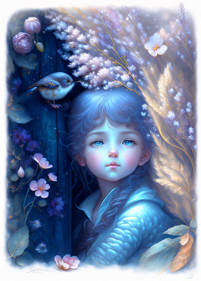 Vibrant blue-haired girl with flowers and bluebird in magical illustration