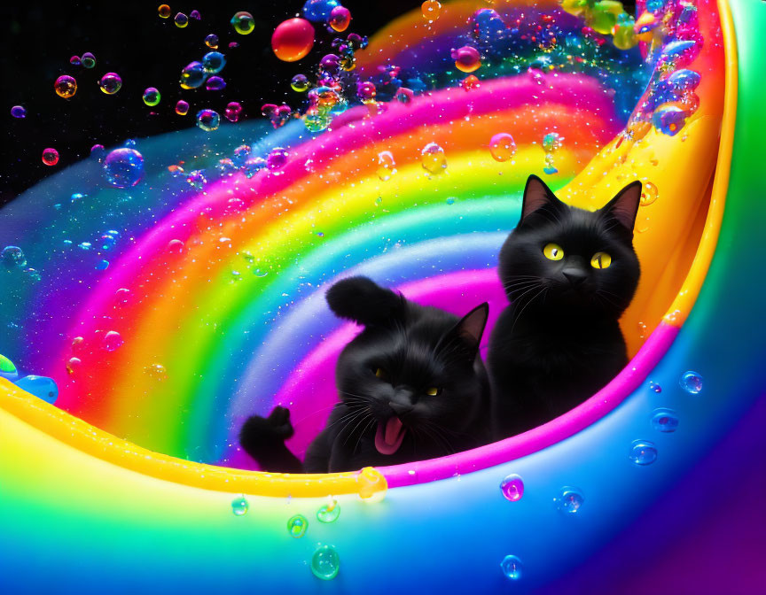 Black Cats with Yellow Eyes in Rainbow Slide with Bubbles on Black Background