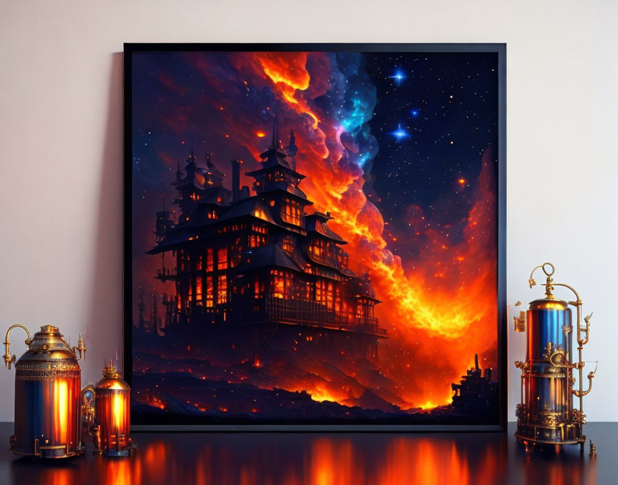 Mystical pagoda engulfed in flames under starry night sky