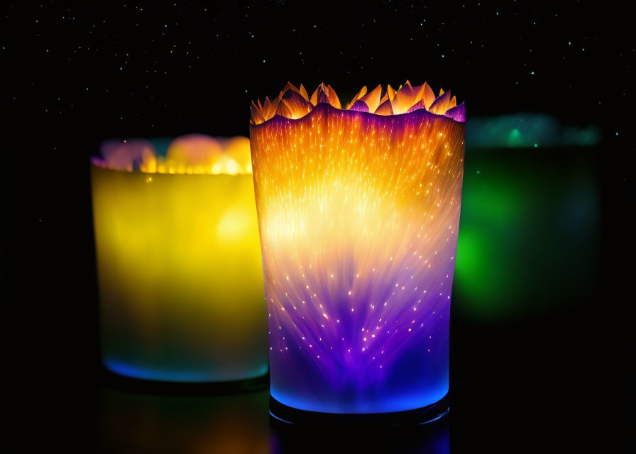 Colorful Fiber Optic Lamps on Dark Background with Bokeh Effect