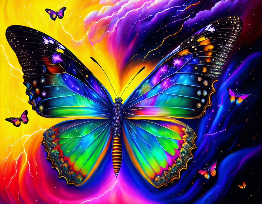 Colorful digital artwork: Large butterfly surrounded by smaller ones in cosmic backdrop