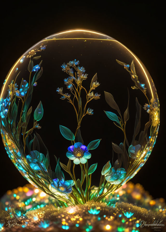 Delicate blue flowers and green leaves in luminous sphere on dark background