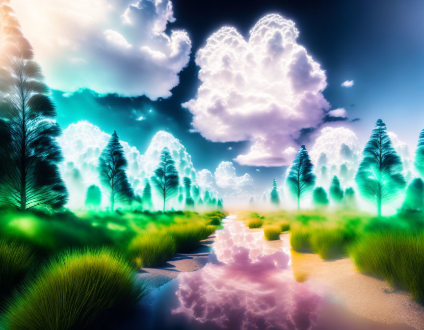 Surreal landscape with glowing pink clouds and neon-lit trees