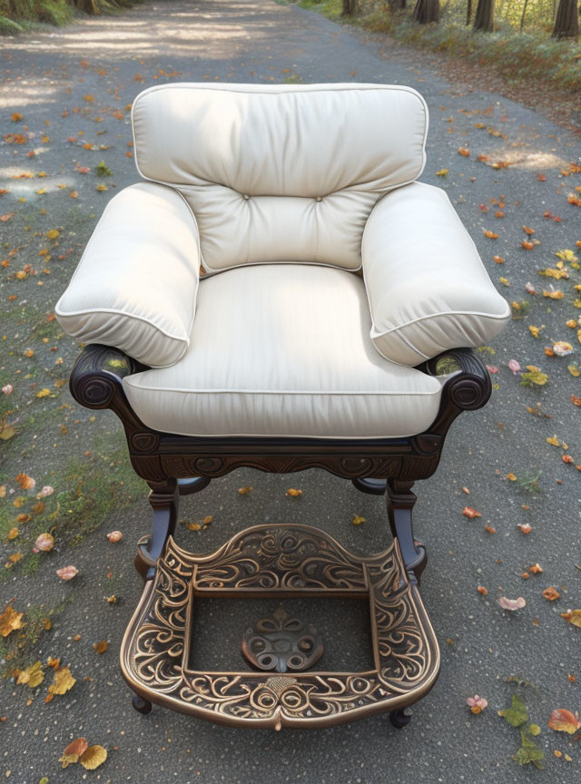 Vintage Armchair with Wooden Frame on Pathway Amid Fallen Leaves