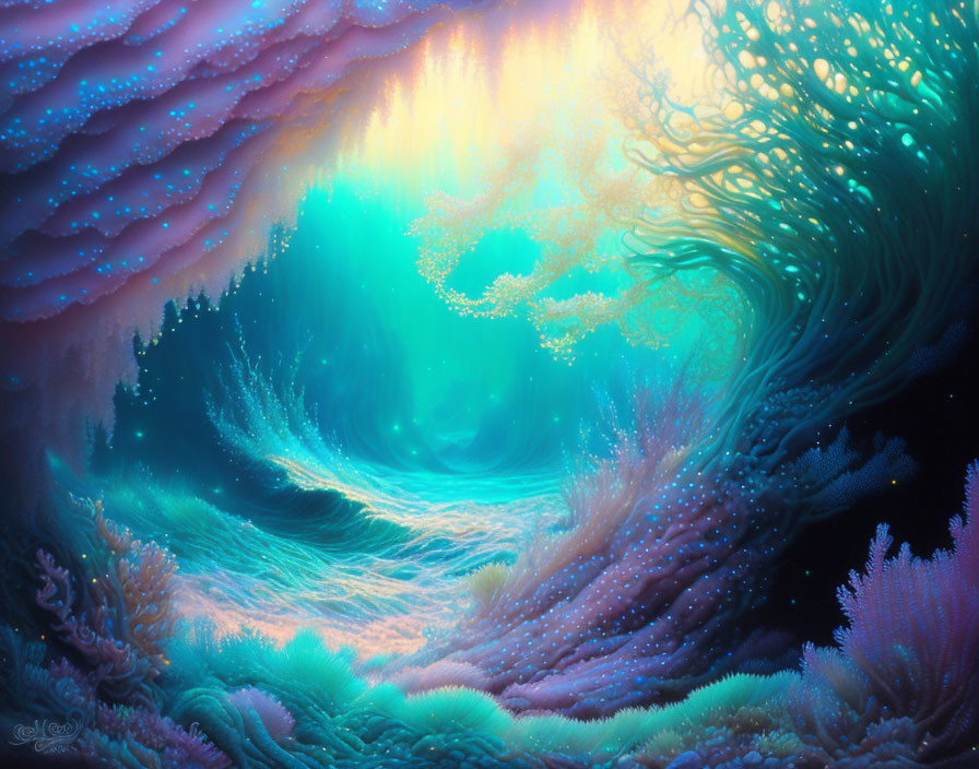 Colorful Fantasy Seascape with Glowing Coral Structures