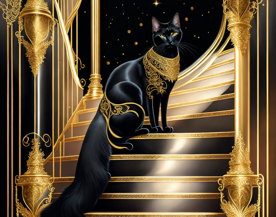 Black cat with gold harness on grand staircase under starry sky