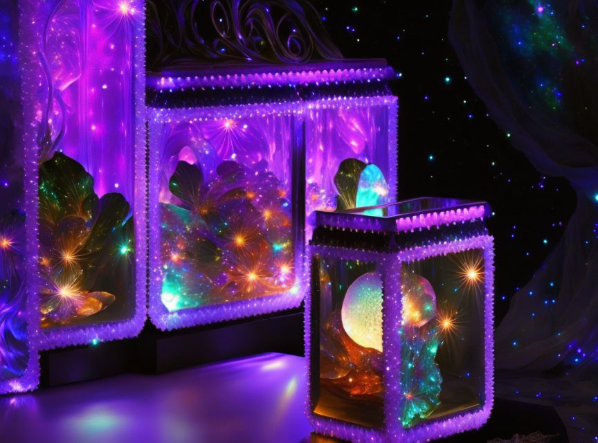 Purple illuminated lanterns against cosmic backdrop with sparkling effects