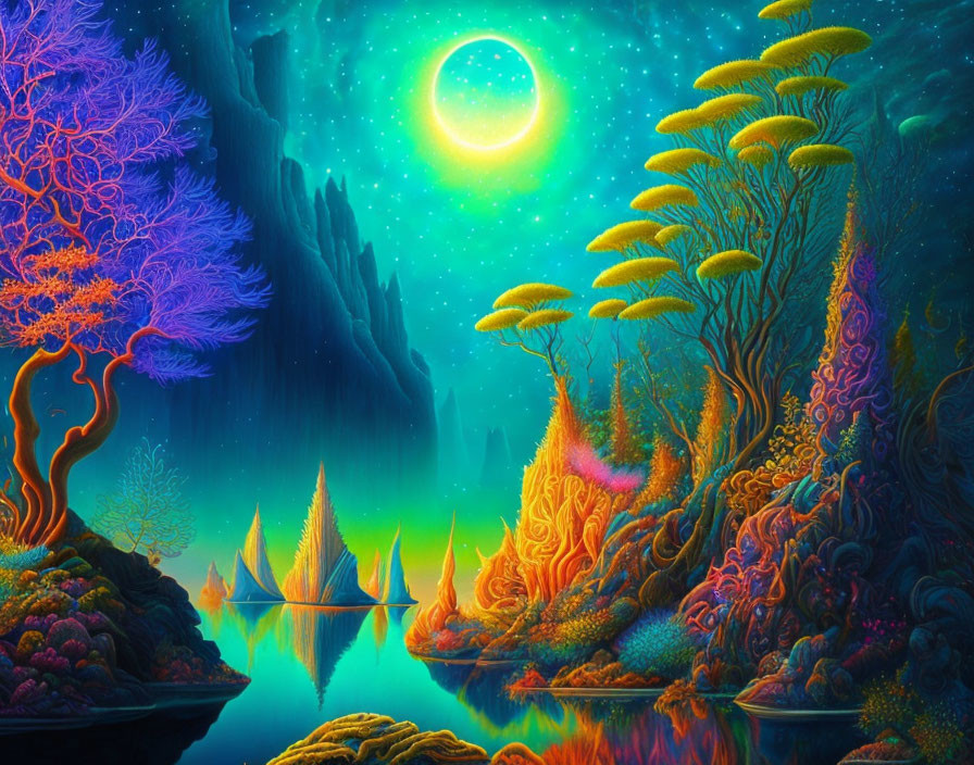 Fluorescent trees, glowing moon, reflective water in vibrant landscape