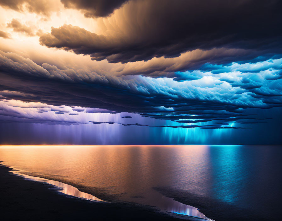 Twilight scene: Storm clouds over calm sea