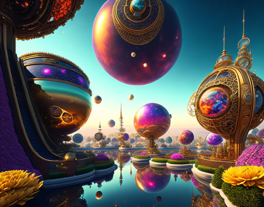 Surrealist landscape with floating spheres and golden architecture