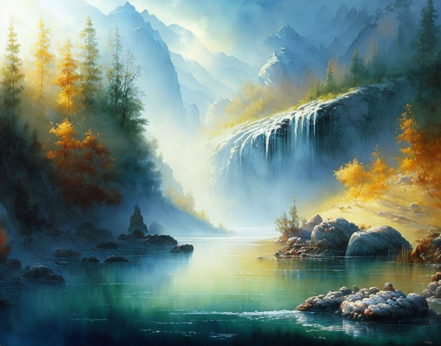 Tranquil landscape with waterfall, misty forest, and mountain lake