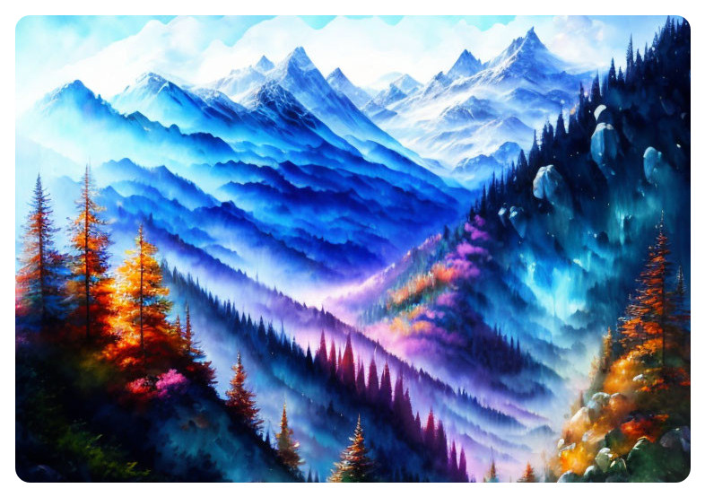 Colorful autumn mountain painting with misty blue peaks and bright sky