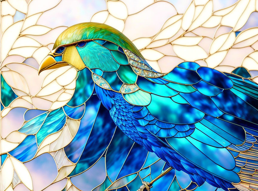 Colorful Bird Stained Glass Artwork in Blue, Yellow & White