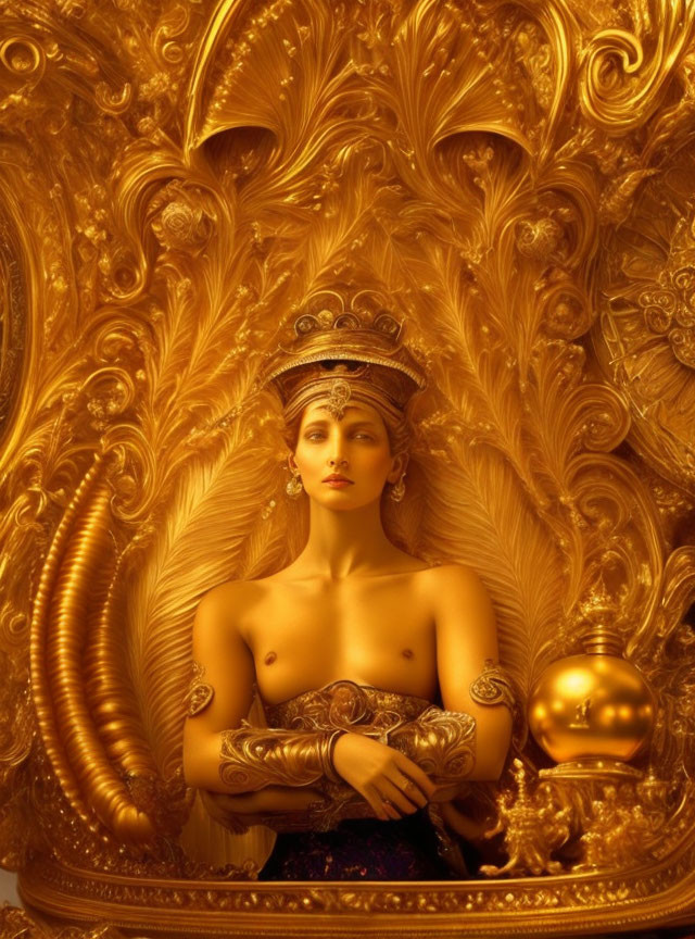 Regal woman with golden crown against ornate background