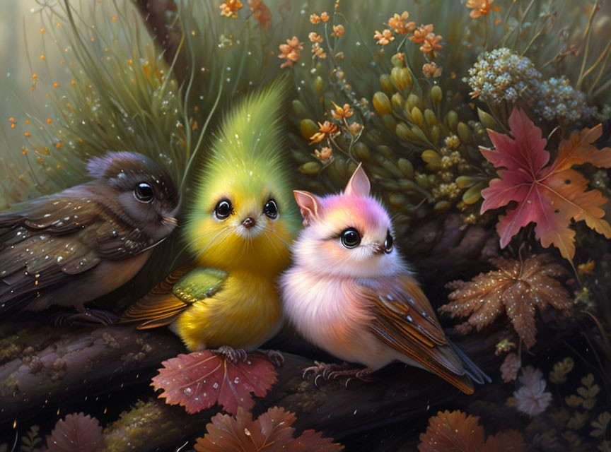 Colorful fantasy birds with large eyes in autumn setting