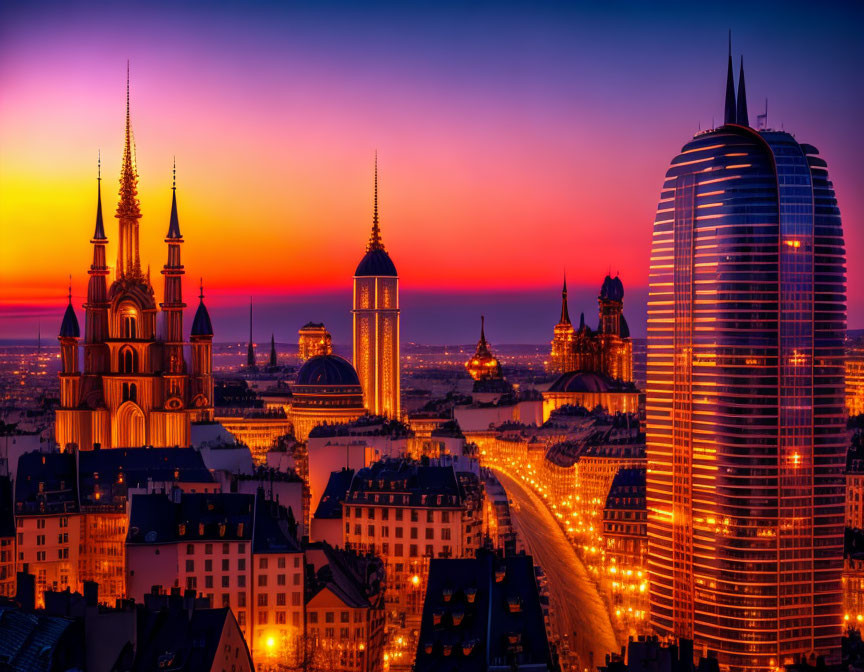 Cityscape at Dusk: Illuminated Buildings, Cathedral Spires, Skyscraper, Sunset Sky