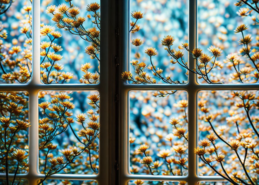 Grid-patterned window frames yellow flowering tree against blue sky