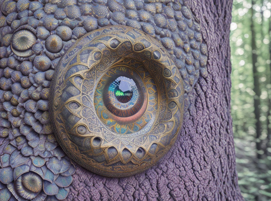 Intricate metallic eye on textured purple tree trunk with petal-like discs.