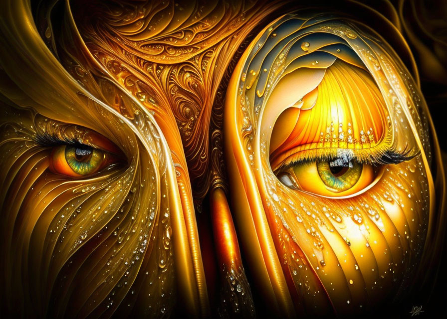 Detailed digital art: Intense, vivid eyes with golden and bronze swirls & droplets