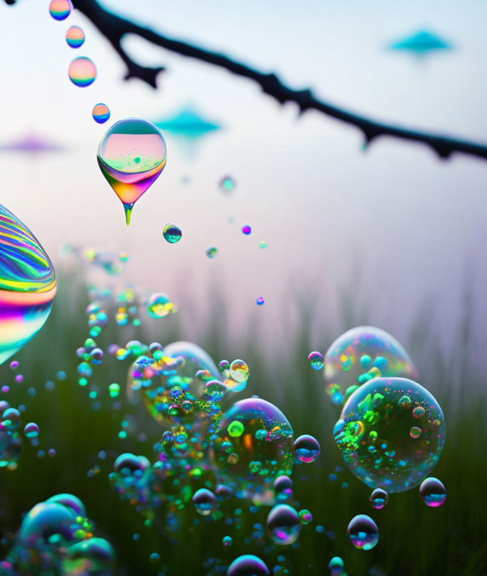 Colorful soap bubbles above grass with dewdrops and morning light reflections