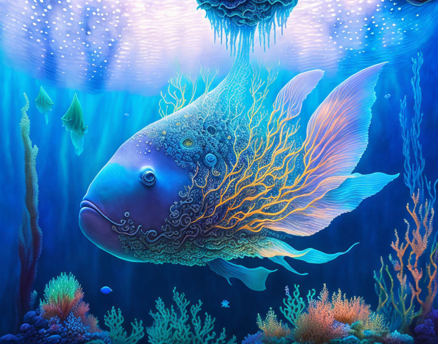 Colorful Fish in Intricate Underwater Scene with Jellyfish and Corals