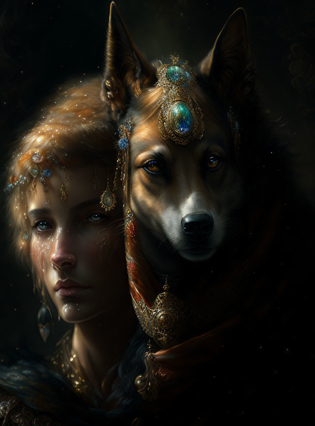 Portrait of Woman and Wolf Fusion with Golden Jewelry on Dark Background