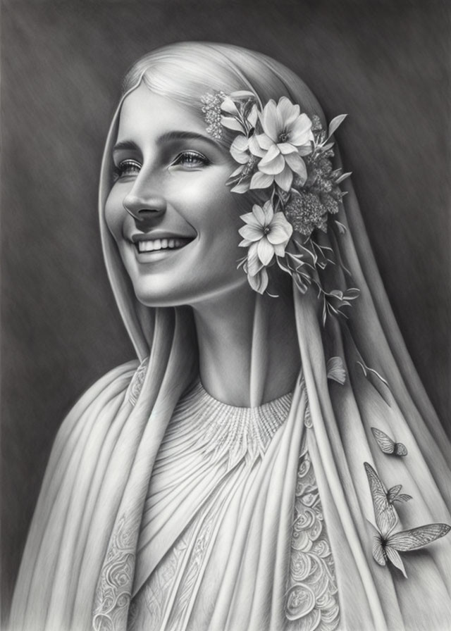 Monochrome illustration of smiling woman with floral hair and butterflies, draped in textured garment