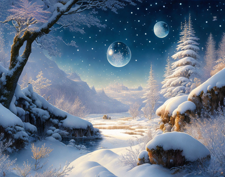 Snow-covered trees, river, and glowing orbs in serene winter dusk