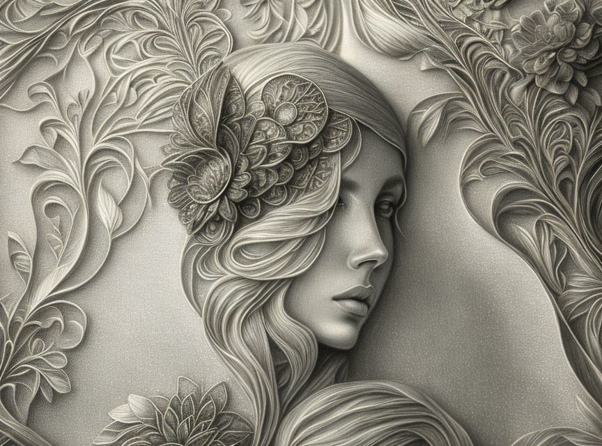 Detailed grayscale artwork: Woman with floral hair in botanical setting