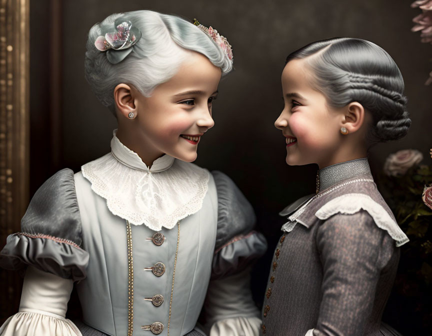 Vintage Attire: Smiling Girls with Floral Hair Accessories