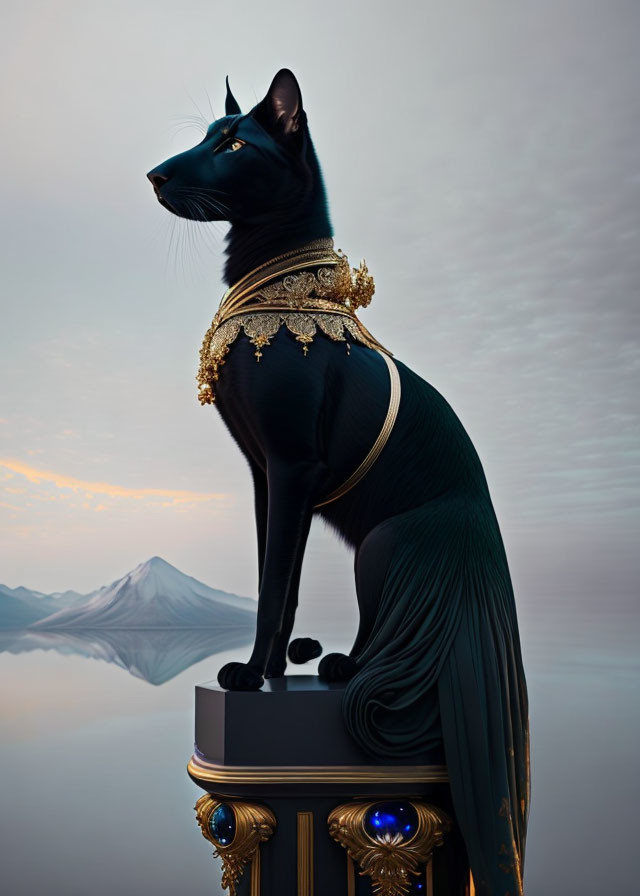 Black cat with gold jewelry on ornate pedestal in misty mountain setting