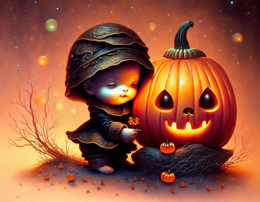 Child in hat next to glowing-eyed pumpkin with tiny pumpkins, bare trees, and floating lights