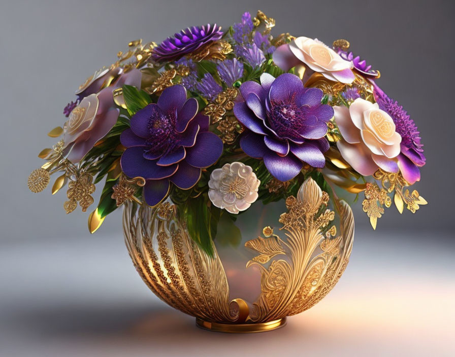 Golden vase with embossed floral patterns, metallic and violet flowers, gradient background