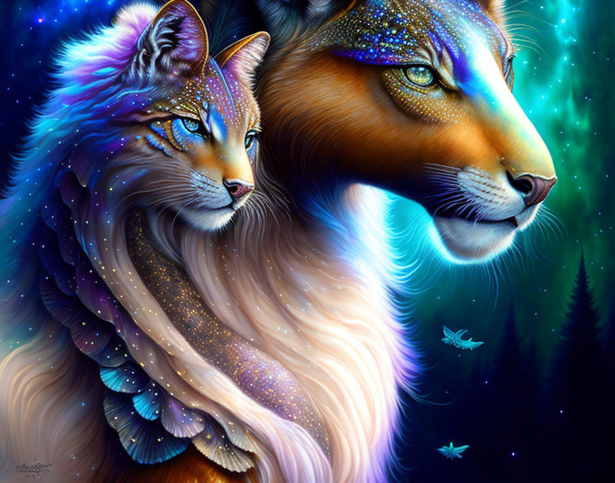 Colorful Side Profiles of Mystical Feline Duo in Night Forest