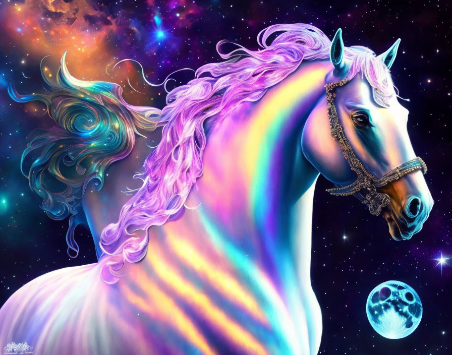 Vibrant white horse with flowing mane in cosmic setting