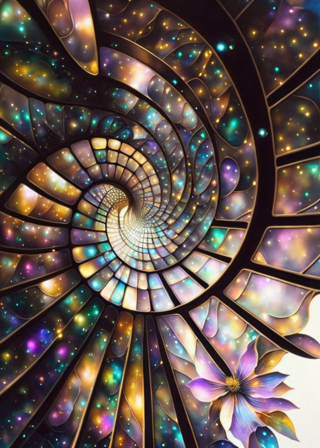 Spiral galaxy-inspired artwork with stars, nebulae, and lotus motif