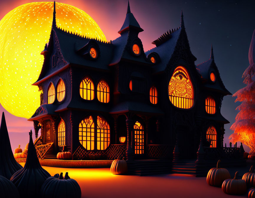 Animated Haunted House with Glowing Windows on Halloween Landscape