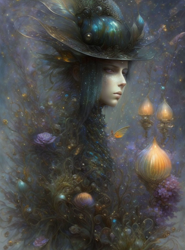 Surreal portrait of woman with decorated hat and celestial elements