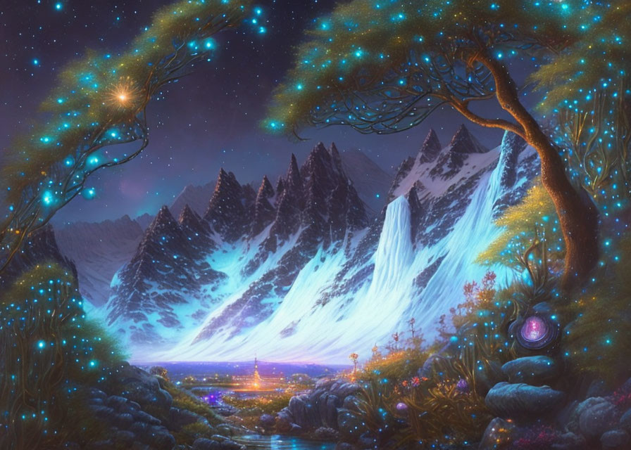 Enchanted nighttime landscape with glowing trees and starry sky