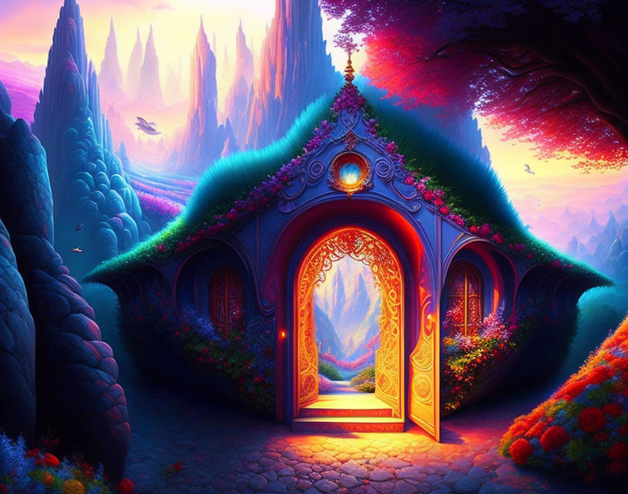 Ornate open doorway to vibrant fantasy landscape